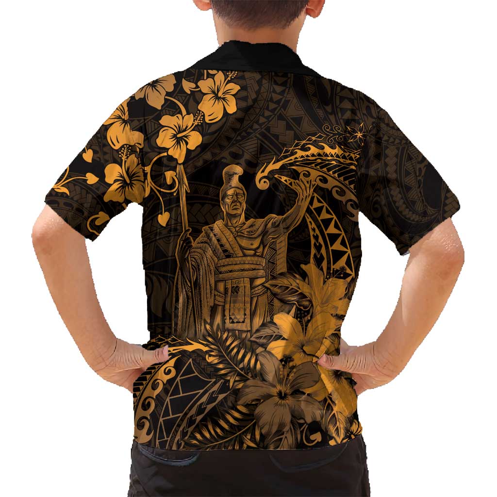 Hawaii King Kamehameha Day Family Matching Off Shoulder Short Dress and Hawaiian Shirt Polynesian Pattern Mix Hibiscus Gold
