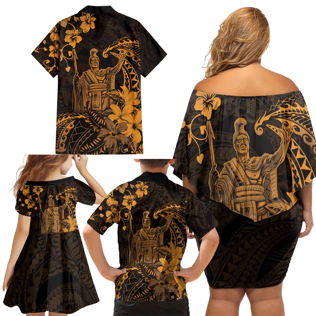Hawaii King Kamehameha Day Family Matching Off Shoulder Short Dress and Hawaiian Shirt Polynesian Pattern Mix Hibiscus Gold