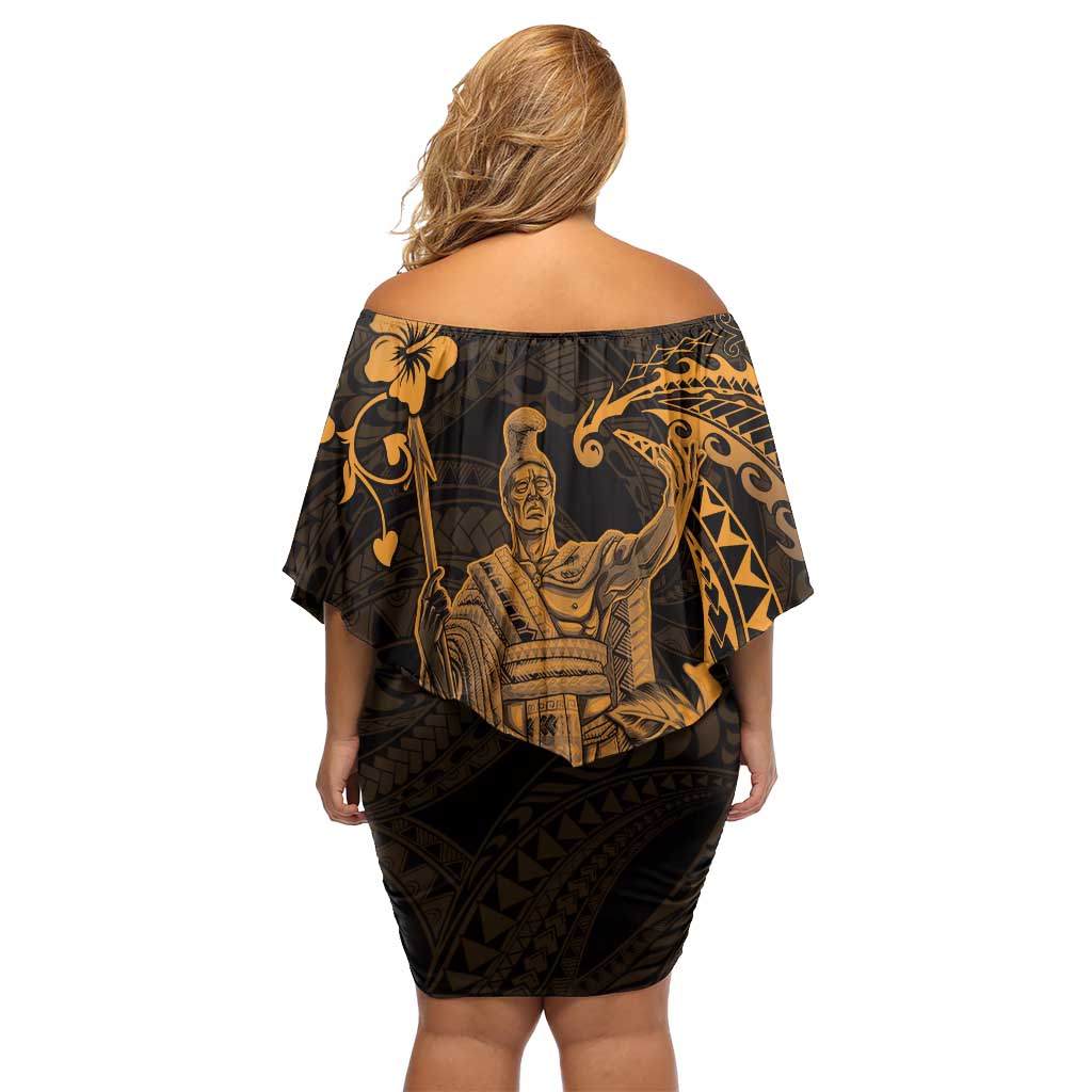 Hawaii King Kamehameha Day Family Matching Off Shoulder Short Dress and Hawaiian Shirt Polynesian Pattern Mix Hibiscus Gold