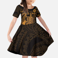 Hawaii King Kamehameha Day Family Matching Puletasi and Hawaiian Shirt Polynesian Pattern Mix Hibiscus Gold LT05 Daughter's Dress Gold - Polynesian Pride
