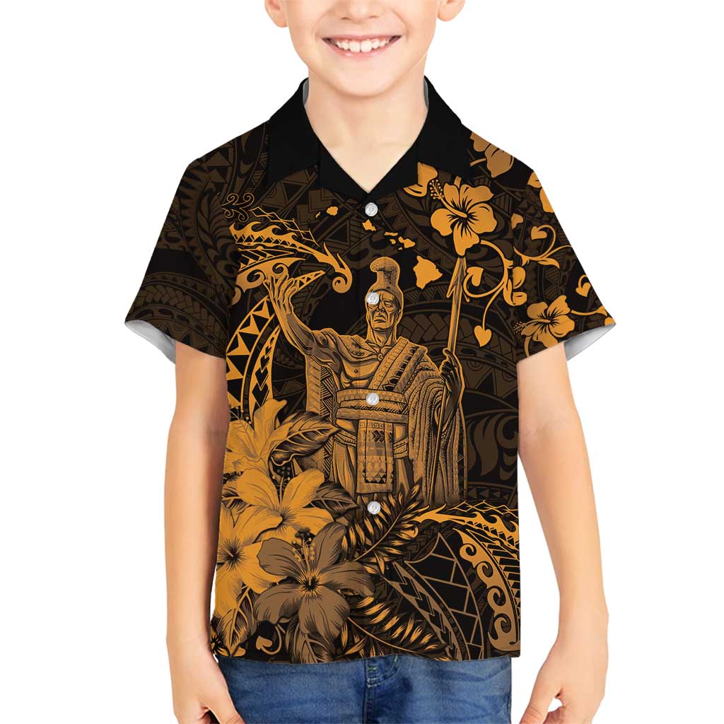 Hawaii King Kamehameha Day Family Matching Puletasi and Hawaiian Shirt Polynesian Pattern Mix Hibiscus Gold LT05 Son's Shirt Gold - Polynesian Pride