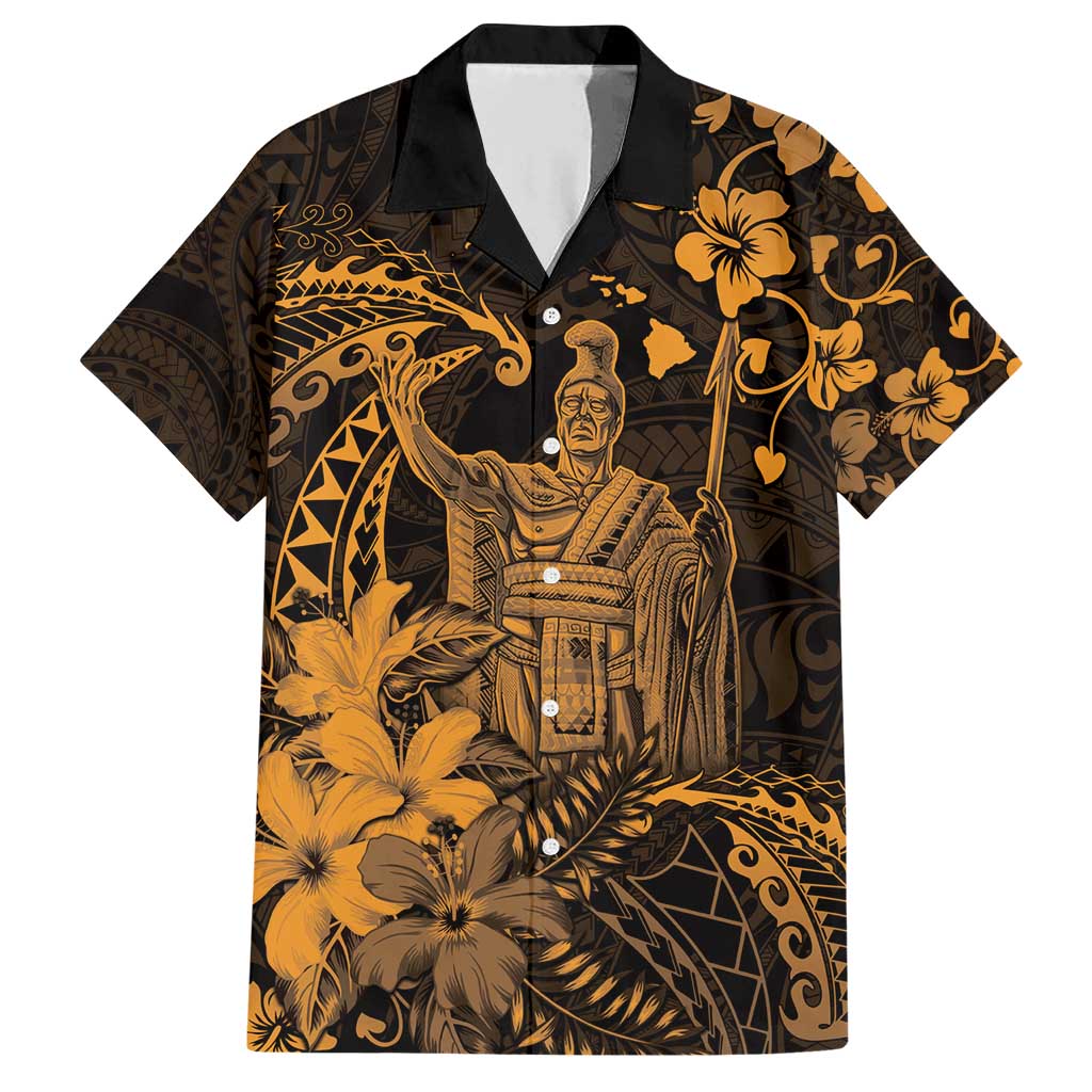 Hawaii King Kamehameha Day Family Matching Short Sleeve Bodycon Dress and Hawaiian Shirt Polynesian Pattern Mix Hibiscus Gold LT05 Dad's Shirt - Short Sleeve Gold - Polynesian Pride