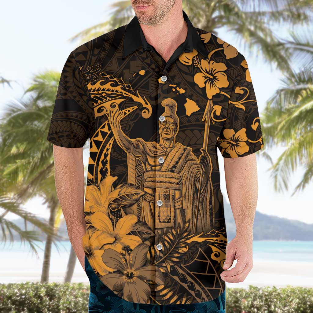 Hawaii King Kamehameha Day Hawaiian Shirt Polynesian Pattern Mix Hibiscus Gold