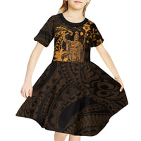 Hawaii King Kamehameha Day Kid Short Sleeve Dress Polynesian Pattern Mix Hibiscus Gold