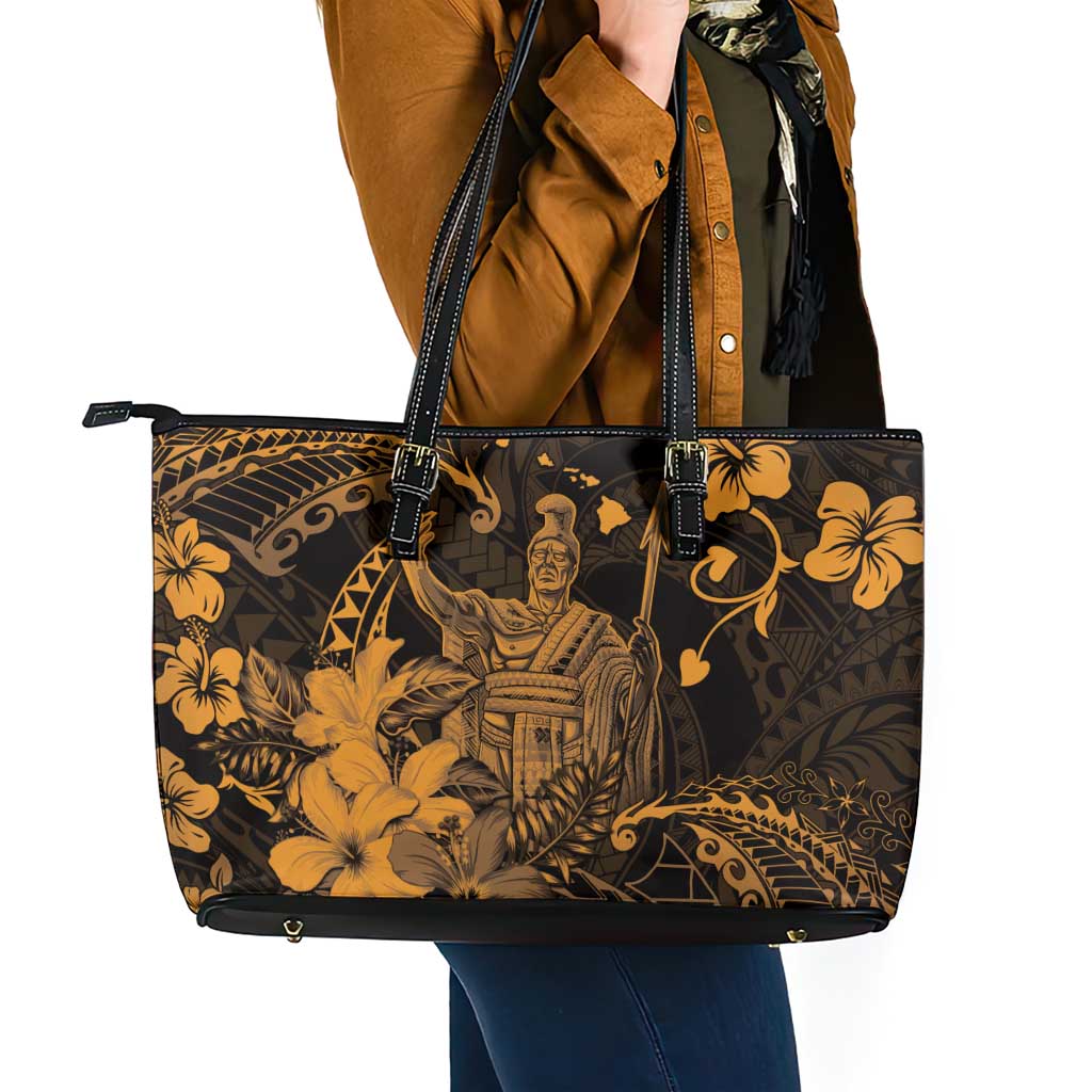 Hawaii King Kamehameha Day Leather Tote Bag Polynesian Pattern Mix Hibiscus Gold LT05 - Polynesian Pride