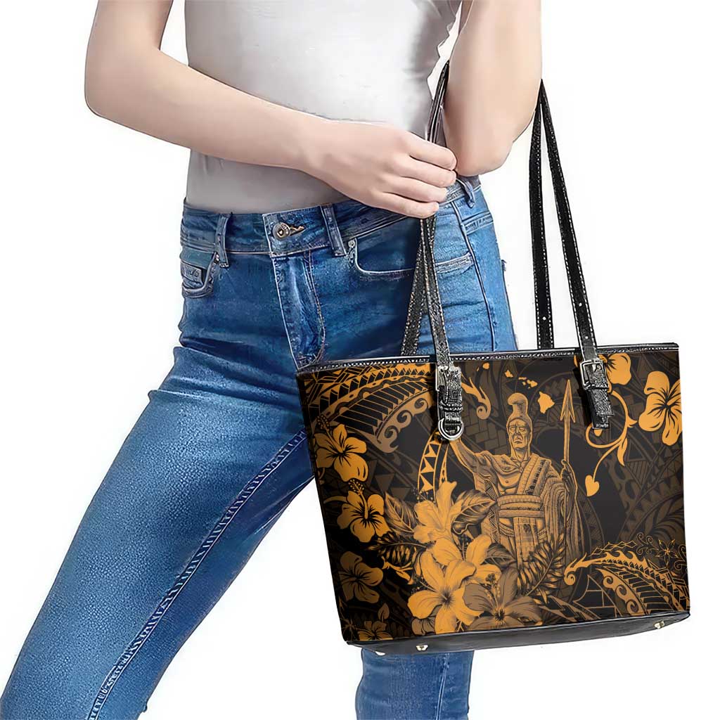 Hawaii King Kamehameha Day Leather Tote Bag Polynesian Pattern Mix Hibiscus Gold LT05 - Polynesian Pride