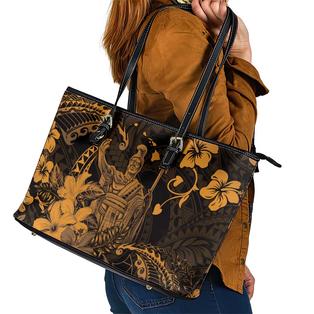 Hawaii King Kamehameha Day Leather Tote Bag Polynesian Pattern Mix Hibiscus Gold LT05 - Polynesian Pride
