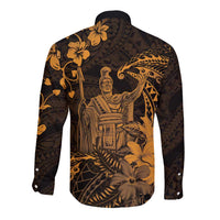 Hawaii King Kamehameha Day Long Sleeve Button Shirt Polynesian Pattern Mix Hibiscus Gold