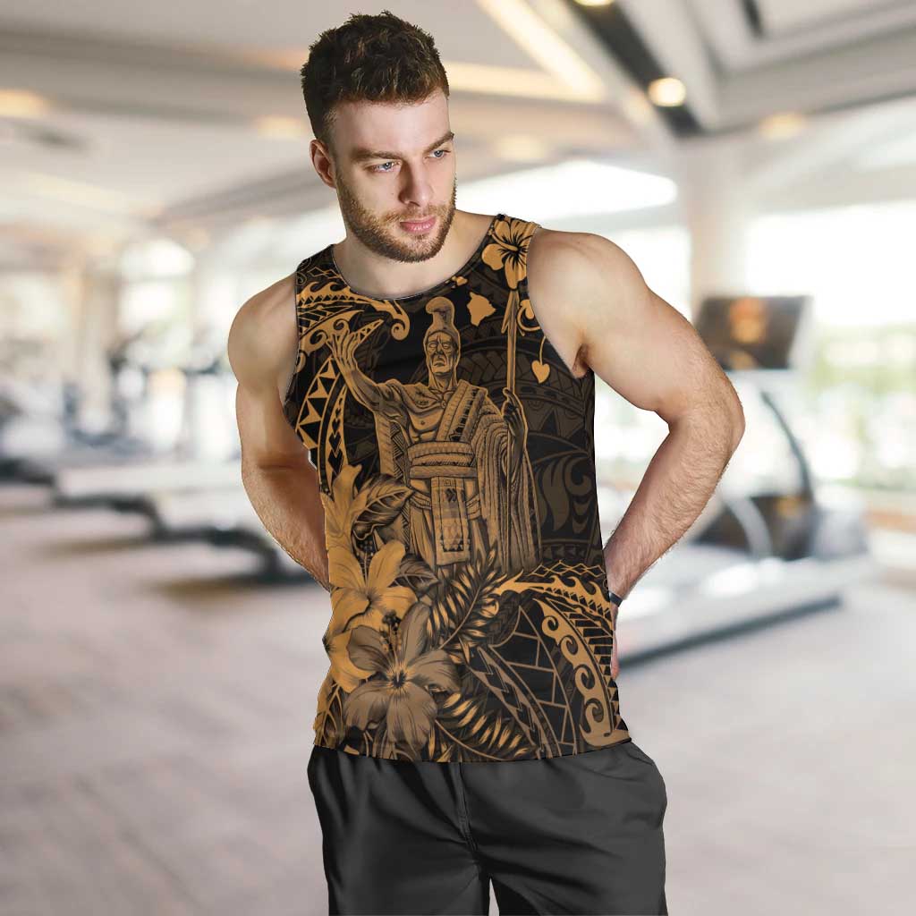 Hawaii King Kamehameha Day Men Tank Top Polynesian Pattern Mix Hibiscus Gold