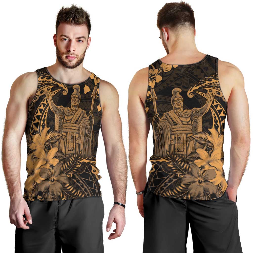 Hawaii King Kamehameha Day Men Tank Top Polynesian Pattern Mix Hibiscus Gold