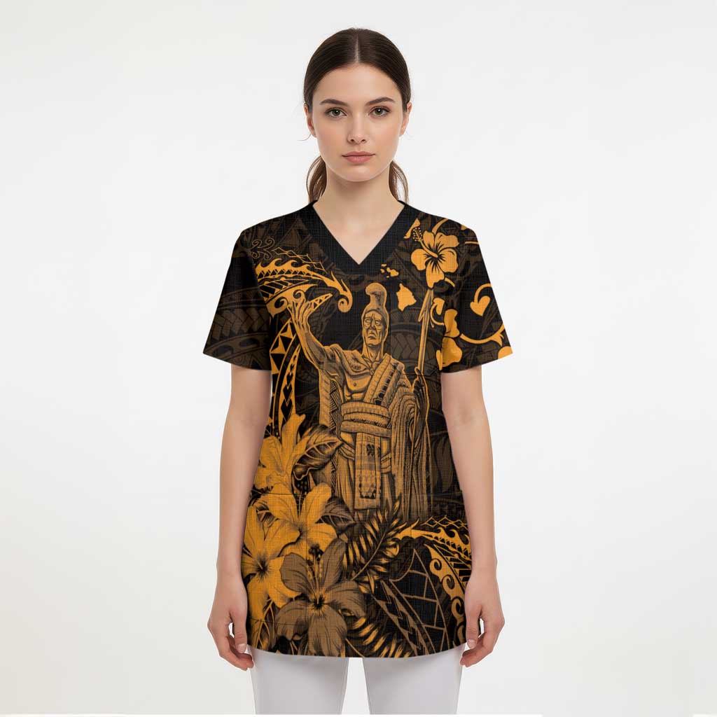 Hawaii King Kamehameha Day Scrub Top Polynesian Pattern Mix Hibiscus Gold - Polynesian Pride