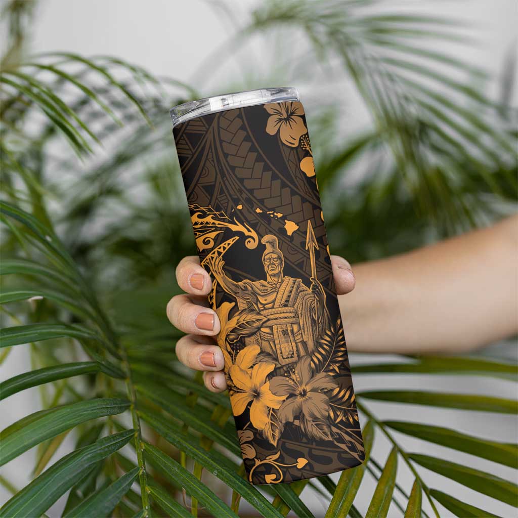 Hawaii King Kamehameha Day Skinny Tumbler Polynesian Pattern Mix Hibiscus Gold