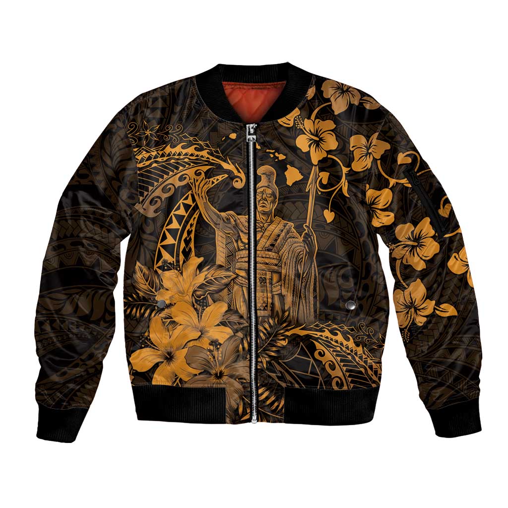 Hawaii King Kamehameha Day Sleeve Zip Bomber Jacket Polynesian Pattern Mix Hibiscus Gold LT05 Unisex Gold - Polynesian Pride