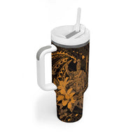 Hawaii King Kamehameha Day Tumbler With Handle Polynesian Pattern Mix Hibiscus Gold