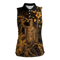 Hawaii King Kamehameha Day Women Sleeveless Polo Shirt Polynesian Pattern Mix Hibiscus Gold LT05 Female Gold - Polynesian Pride