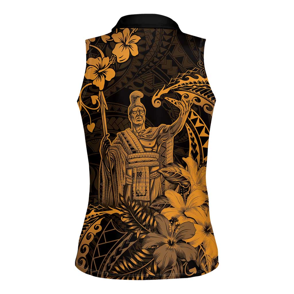 Hawaii King Kamehameha Day Women Sleeveless Polo Shirt Polynesian Pattern Mix Hibiscus Gold LT05 - Polynesian Pride