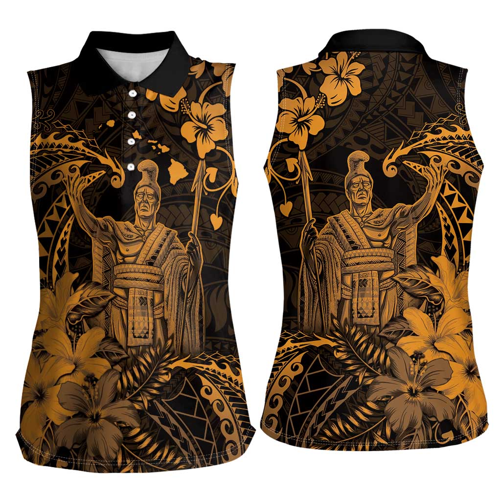 Hawaii King Kamehameha Day Women Sleeveless Polo Shirt Polynesian Pattern Mix Hibiscus Gold LT05 - Polynesian Pride