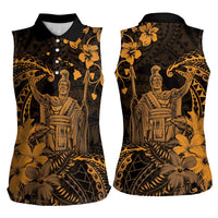 Hawaii King Kamehameha Day Women Sleeveless Polo Shirt Polynesian Pattern Mix Hibiscus Gold LT05 - Polynesian Pride