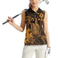 Hawaii King Kamehameha Day Women Sleeveless Polo Shirt Polynesian Pattern Mix Hibiscus Gold LT05 - Polynesian Pride