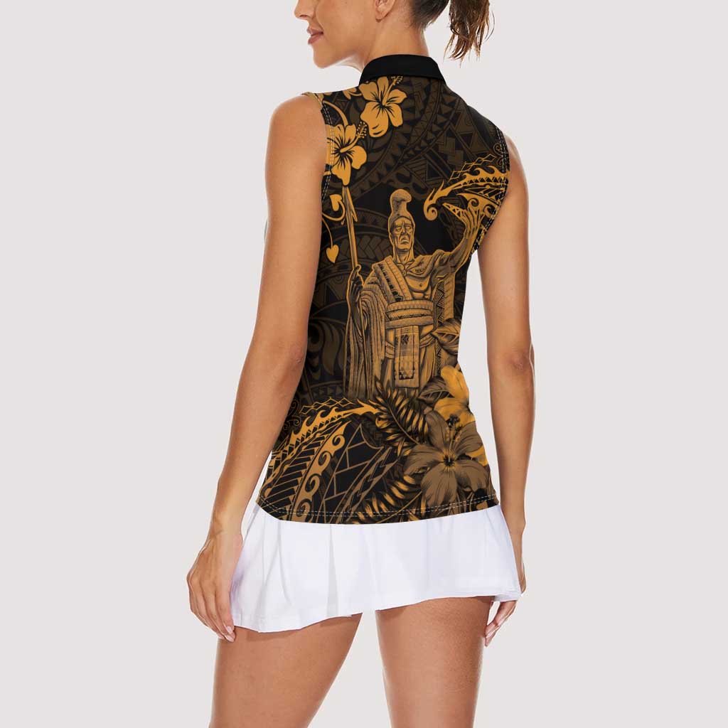 Hawaii King Kamehameha Day Women Sleeveless Polo Shirt Polynesian Pattern Mix Hibiscus Gold LT05 - Polynesian Pride