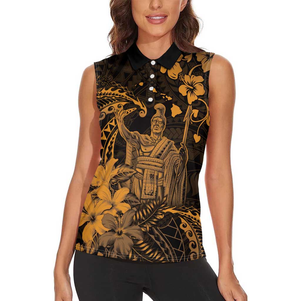 Hawaii King Kamehameha Day Women Sleeveless Polo Shirt Polynesian Pattern Mix Hibiscus Gold LT05 - Polynesian Pride