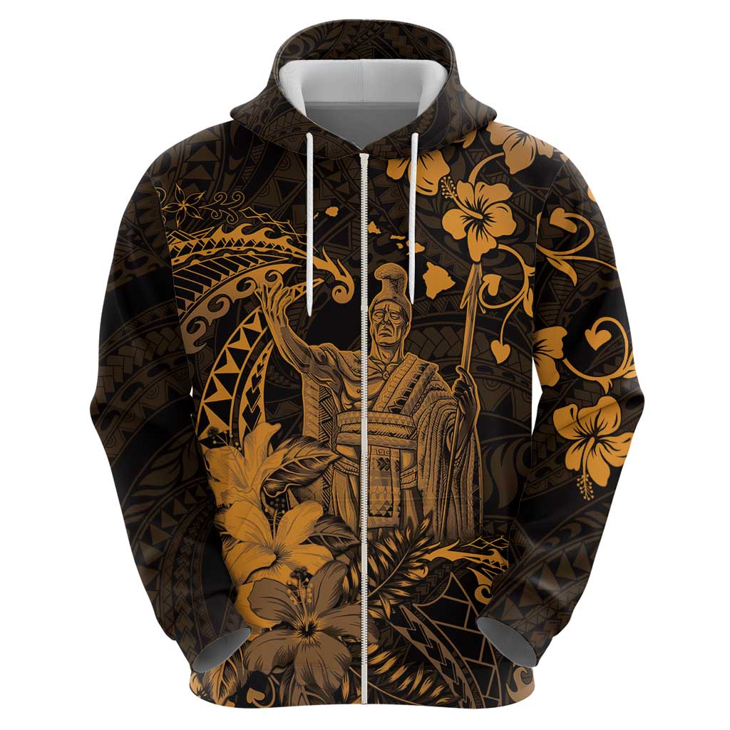 Hawaii King Kamehameha Day Zip Hoodie Polynesian Pattern Mix Hibiscus Gold