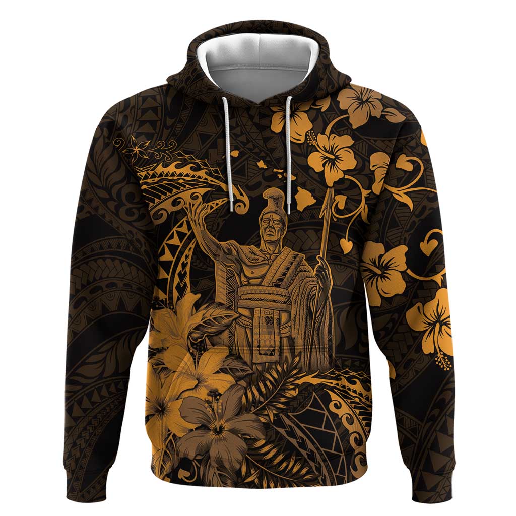 Hawaii King Kamehameha Day Zip Hoodie Polynesian Pattern Mix Hibiscus Gold