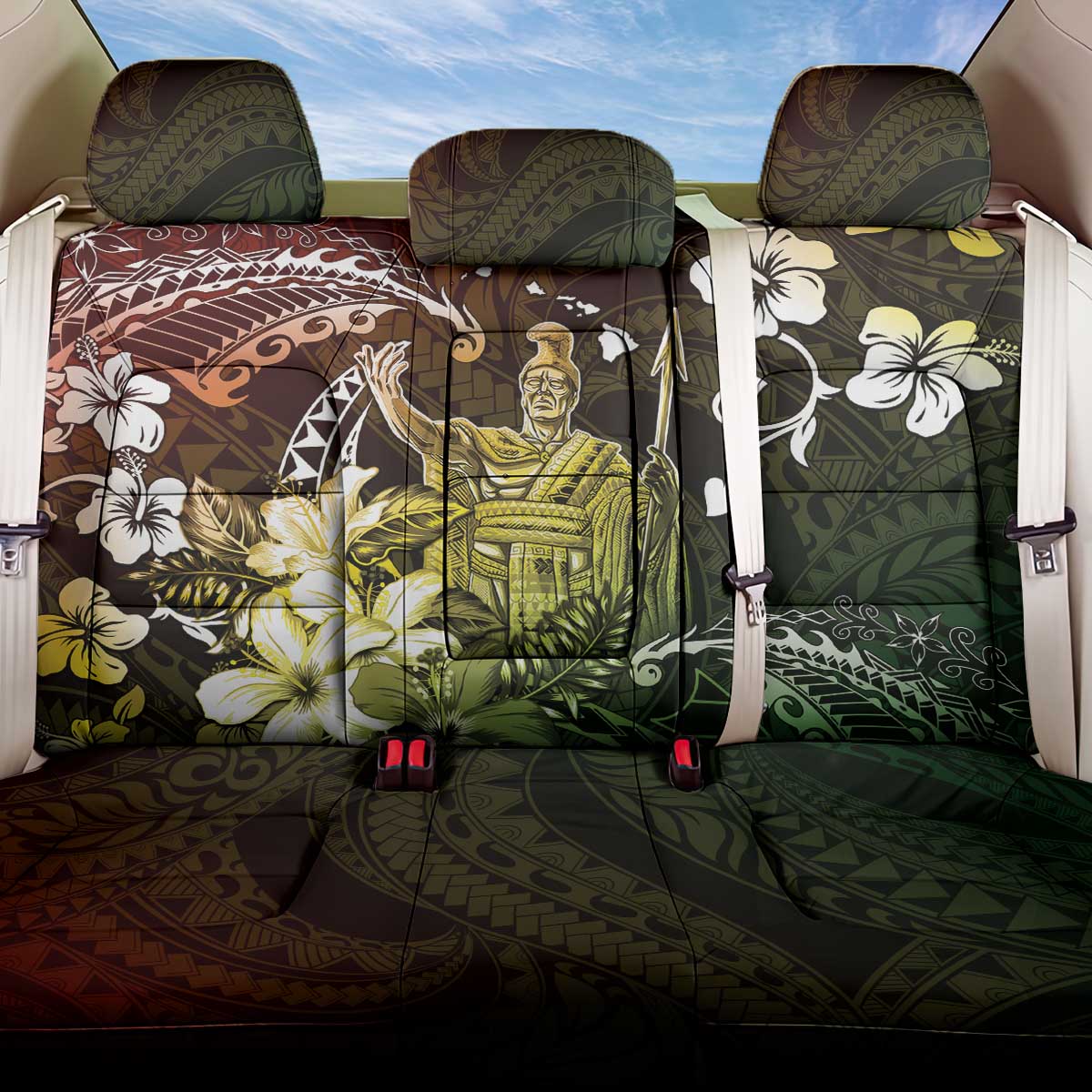 Hawaii King Kamehameha Day Back Car Seat Cover Polynesian Pattern Mix Hibiscus Reggae