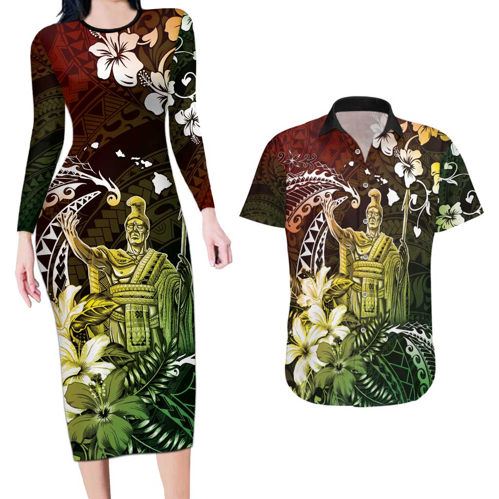 Hawaii King Kamehameha Day Couples Matching Long Sleeve Bodycon Dress and Hawaiian Shirt Polynesian Pattern Mix Hibiscus Reggae LT05 Reggae - Polynesian Pride