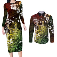 Hawaii King Kamehameha Day Couples Matching Long Sleeve Bodycon Dress and Long Sleeve Button Shirt Polynesian Pattern Mix Hibiscus Reggae LT05 Reggae - Polynesian Pride