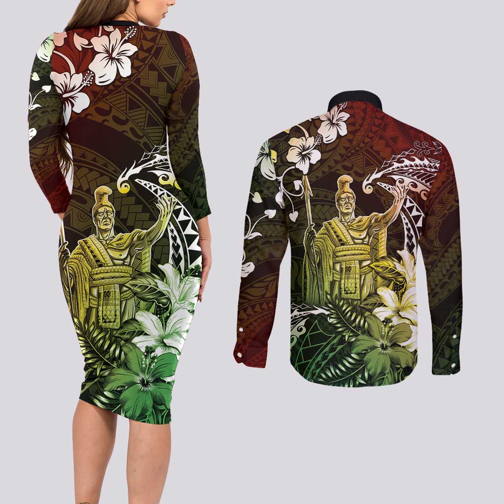 Hawaii King Kamehameha Day Couples Matching Long Sleeve Bodycon Dress and Long Sleeve Button Shirt Polynesian Pattern Mix Hibiscus Reggae LT05 - Polynesian Pride