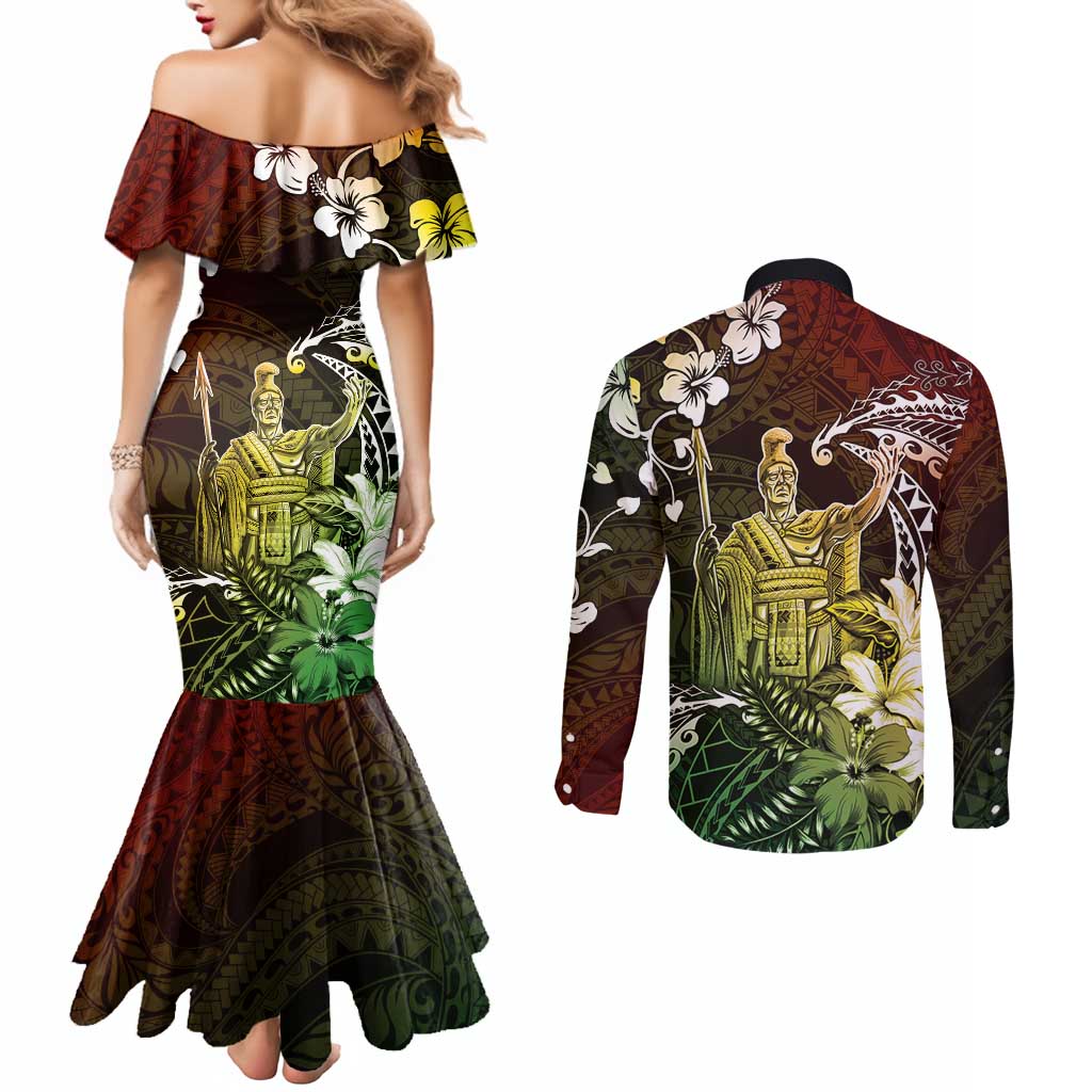 Hawaii King Kamehameha Day Couples Matching Mermaid Dress and Long Sleeve Button Shirt Polynesian Pattern Mix Hibiscus Reggae LT05 - Polynesian Pride