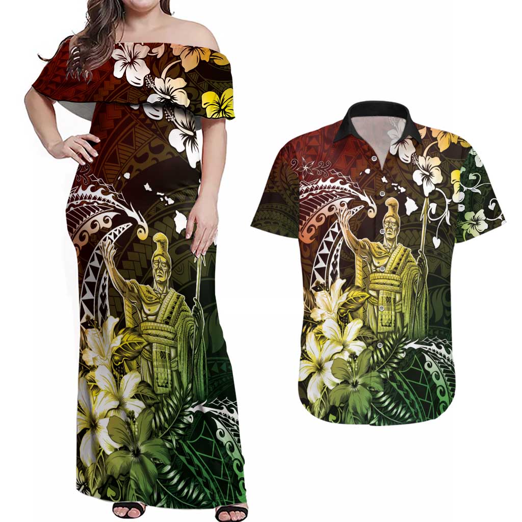 Hawaii King Kamehameha Day Couples Matching Off Shoulder Maxi Dress and Hawaiian Shirt Polynesian Pattern Mix Hibiscus Reggae LT05 Reggae - Polynesian Pride