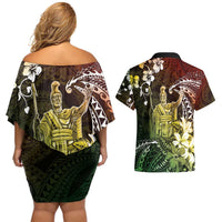 Hawaii King Kamehameha Day Couples Matching Off Shoulder Short Dress and Hawaiian Shirt Polynesian Pattern Mix Hibiscus Reggae LT05 - Polynesian Pride