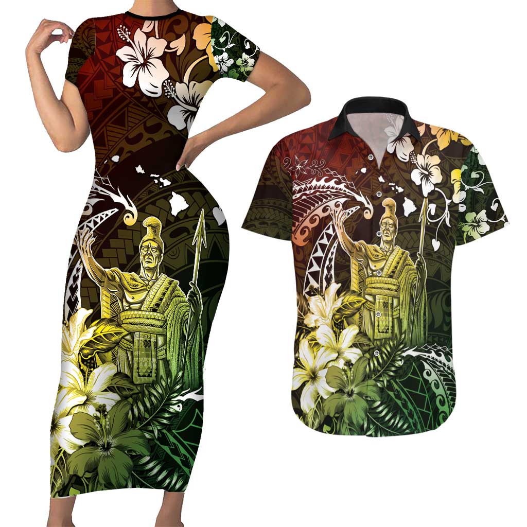 Hawaii King Kamehameha Day Couples Matching Short Sleeve Bodycon Dress and Hawaiian Shirt Polynesian Pattern Mix Hibiscus Reggae LT05 Reggae - Polynesian Pride