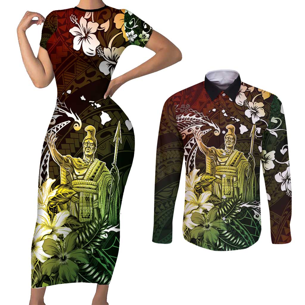 Hawaii King Kamehameha Day Couples Matching Short Sleeve Bodycon Dress and Long Sleeve Button Shirt Polynesian Pattern Mix Hibiscus Reggae LT05 Reggae - Polynesian Pride