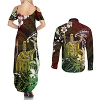Hawaii King Kamehameha Day Couples Matching Summer Maxi Dress and Long Sleeve Button Shirt Polynesian Pattern Mix Hibiscus Reggae