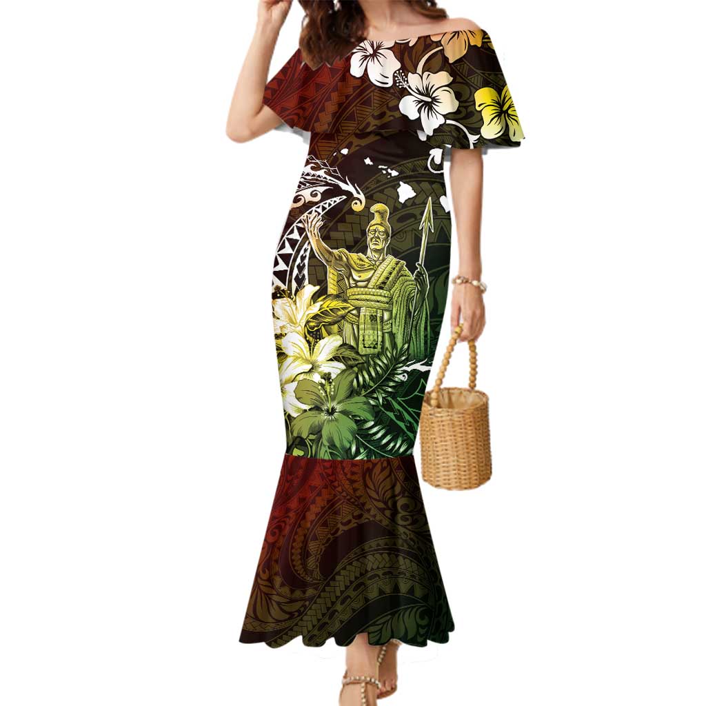 Hawaii King Kamehameha Day Family Matching Mermaid Dress and Hawaiian Shirt Polynesian Pattern Mix Hibiscus Reggae