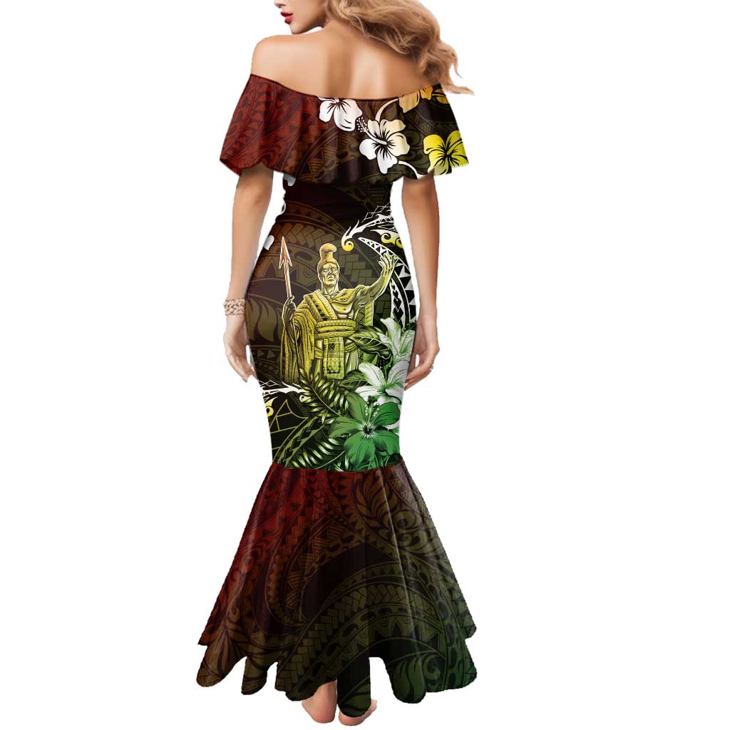 Hawaii King Kamehameha Day Family Matching Mermaid Dress and Hawaiian Shirt Polynesian Pattern Mix Hibiscus Reggae