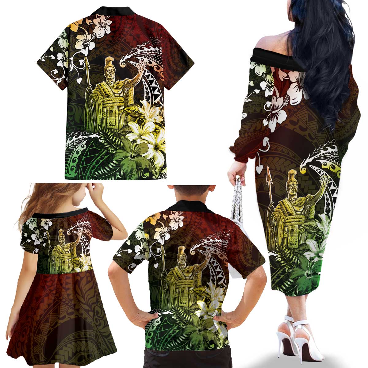Hawaii King Kamehameha Day Family Matching Off The Shoulder Long Sleeve Dress and Hawaiian Shirt Polynesian Pattern Mix Hibiscus Reggae
