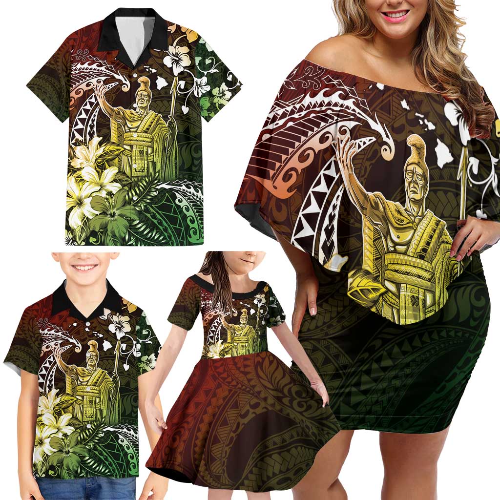 Hawaii King Kamehameha Day Family Matching Off Shoulder Short Dress and Hawaiian Shirt Polynesian Pattern Mix Hibiscus Reggae