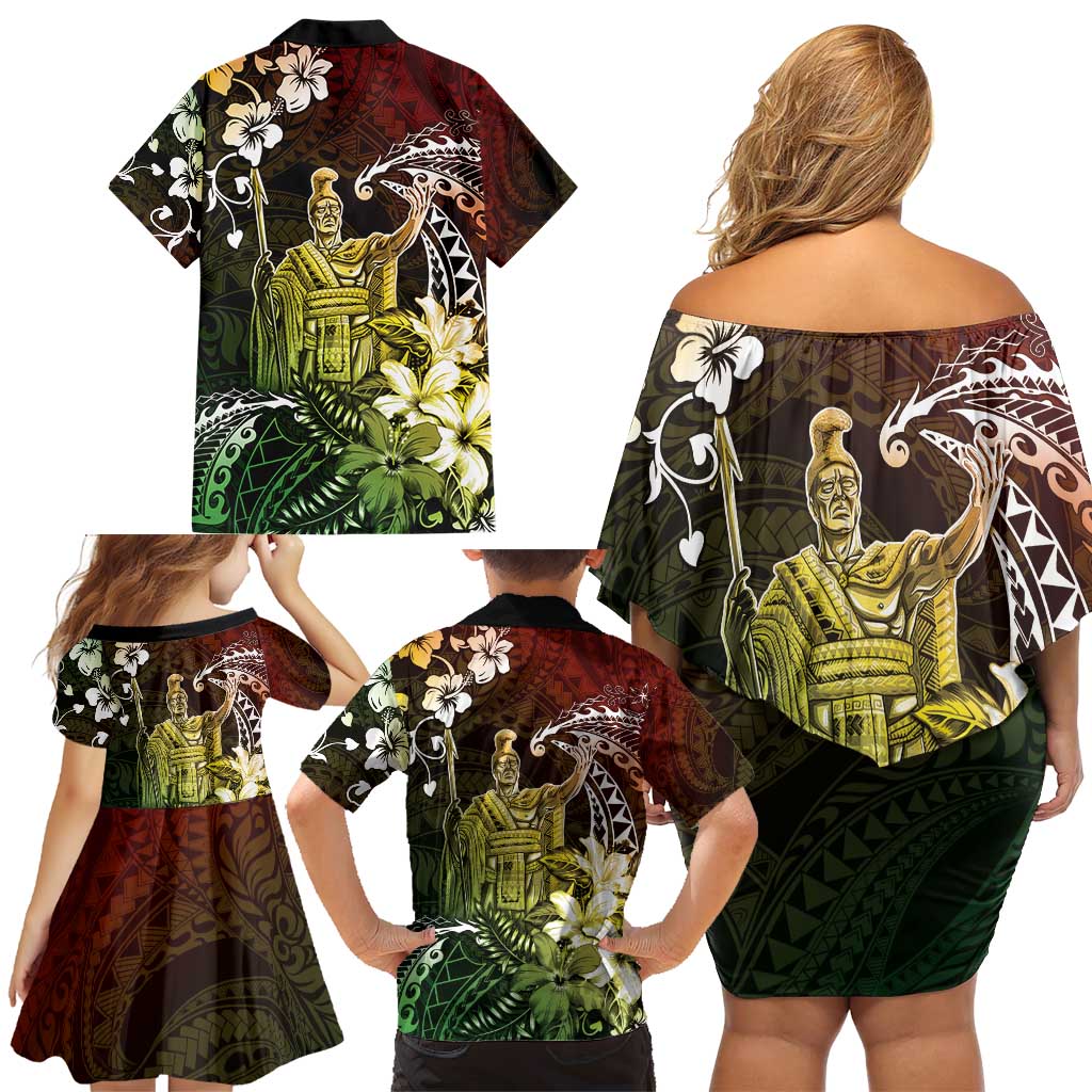 Hawaii King Kamehameha Day Family Matching Off Shoulder Short Dress and Hawaiian Shirt Polynesian Pattern Mix Hibiscus Reggae