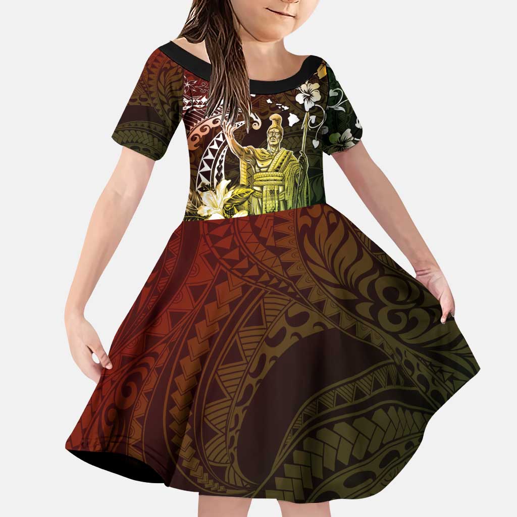 Hawaii King Kamehameha Day Family Matching Puletasi and Hawaiian Shirt Polynesian Pattern Mix Hibiscus Reggae LT05 Daughter's Dress Reggae - Polynesian Pride