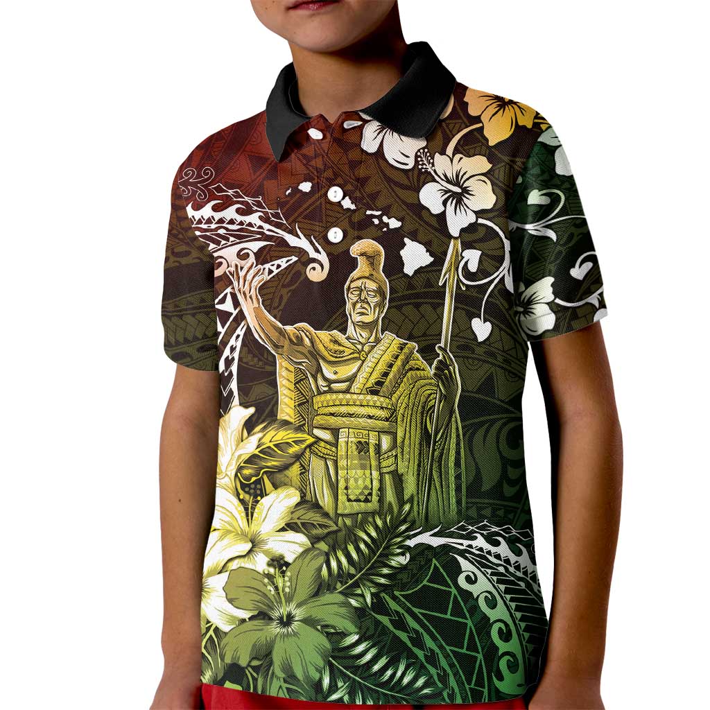 Hawaii King Kamehameha Day Kid Polo Shirt Polynesian Pattern Mix Hibiscus Reggae