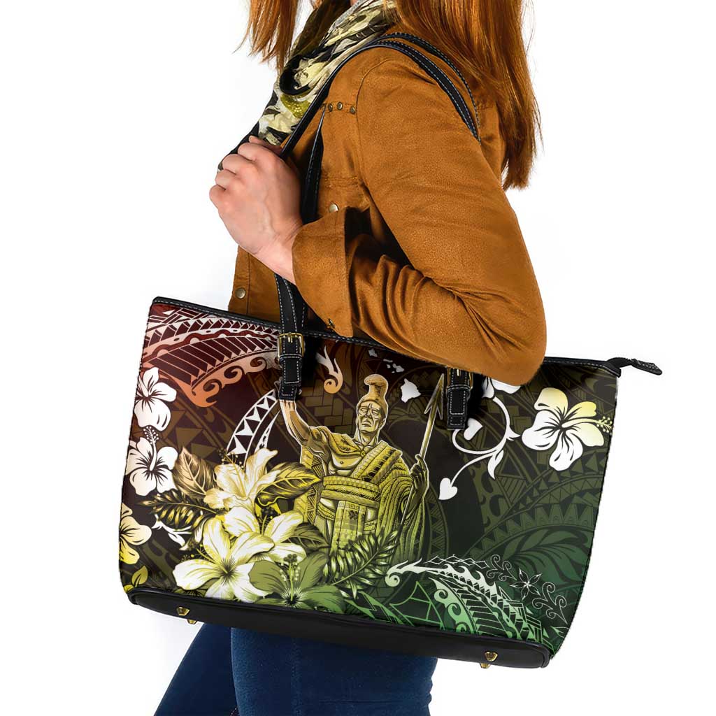 Hawaii King Kamehameha Day Leather Tote Bag Polynesian Pattern Mix Hibiscus Reggae