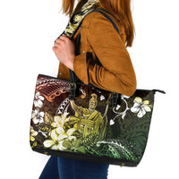 Hawaii King Kamehameha Day Leather Tote Bag Polynesian Pattern Mix Hibiscus Reggae