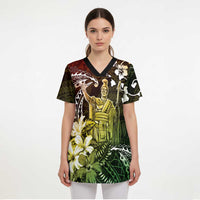 Hawaii King Kamehameha Day Scrub Top Polynesian Pattern Mix Hibiscus Reggae - Polynesian Pride