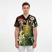 Hawaii King Kamehameha Day Scrub Top Polynesian Pattern Mix Hibiscus Reggae - Polynesian Pride