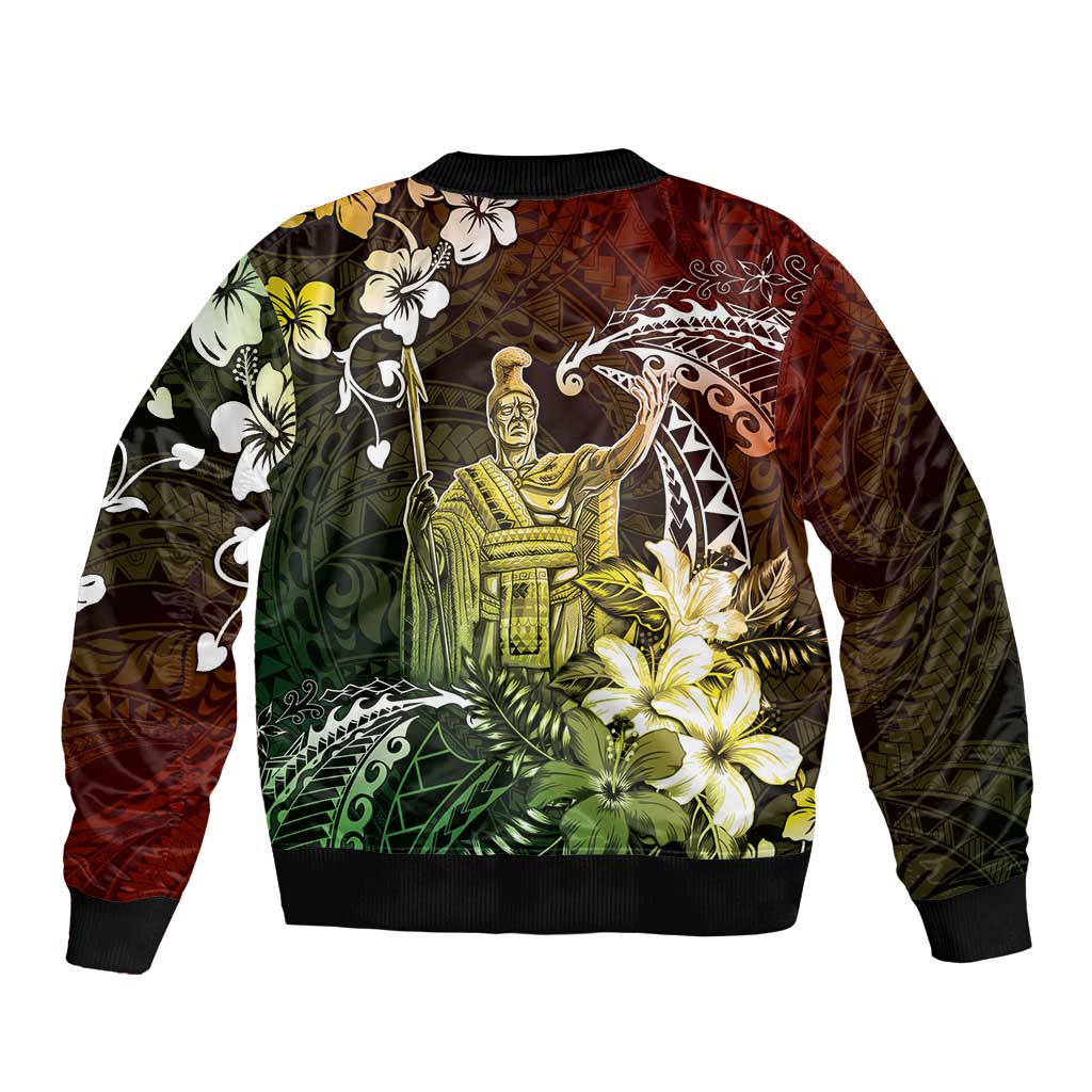 Hawaii King Kamehameha Day Sleeve Zip Bomber Jacket Polynesian Pattern Mix Hibiscus Reggae LT05 - Polynesian Pride