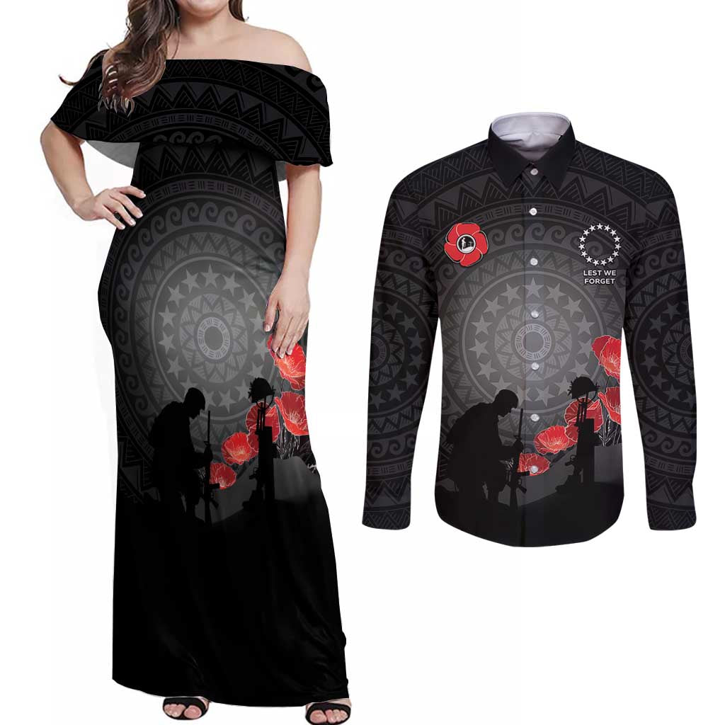 Cook Islands ANZAC Day Couples Matching Off Shoulder Maxi Dress and Long Sleeve Button Shirt Soldier Silhouette Remembrance LT05 Black - Polynesian Pride